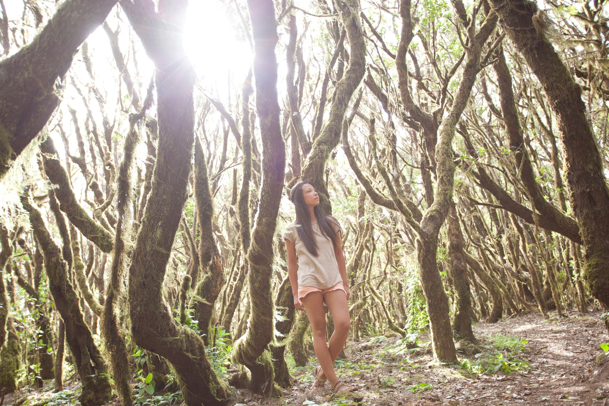 Creative portrait of a young woman leaning at a tree in the forest of La Gomera